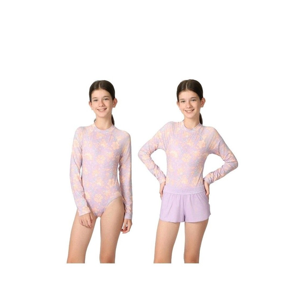 NWT Billabong Girls 2-Piece Swim Floral Rash Guard Bodysuit Shorts Purple 10/12